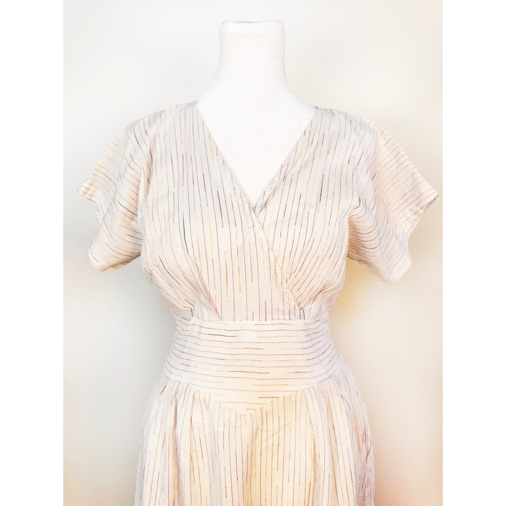Dottie Womens Medium White Rainbow Metallic Striped V-Neck Smocked Midi Dress